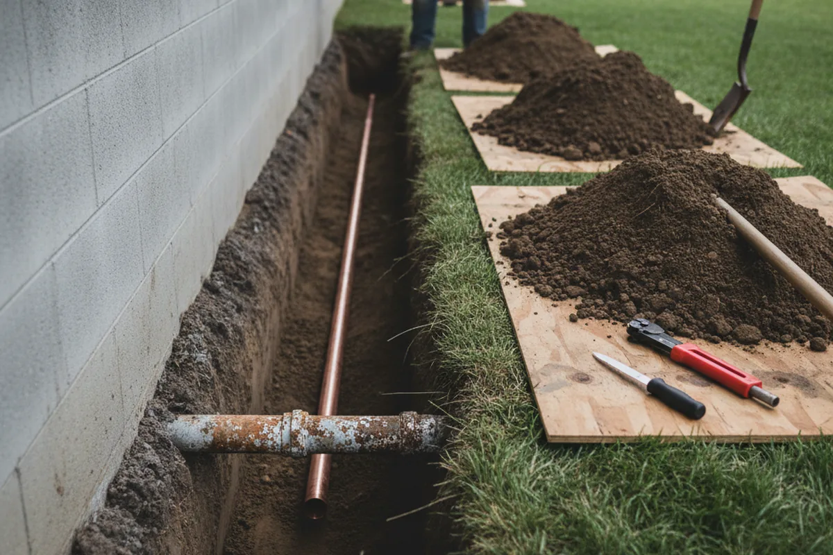 Excavated water line trench during Sewer Line Repair in Webberville